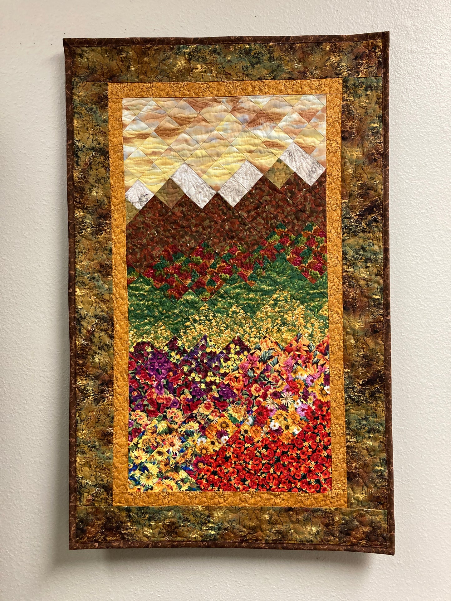 Fall Sunset Flowers Landscape Art Quilt, Tapestry 22x34", Fabric Wall Hanging, Small Vertical Mountain Snow Pine Trees Golden Green Autumn