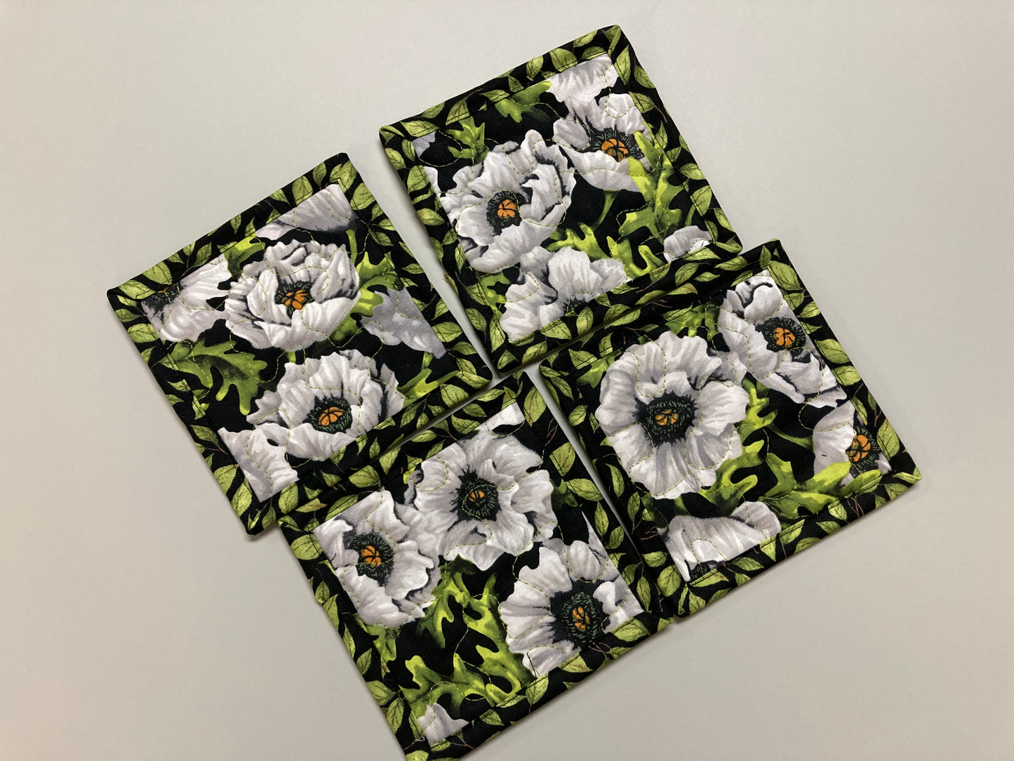 White Poppies Green Leaves Fabric Coasters for Drinks, 5 x 5" Quilted Cold Hot Drinks Coffee Tea, Stocking Teacher Bunco Home Gift Handmade