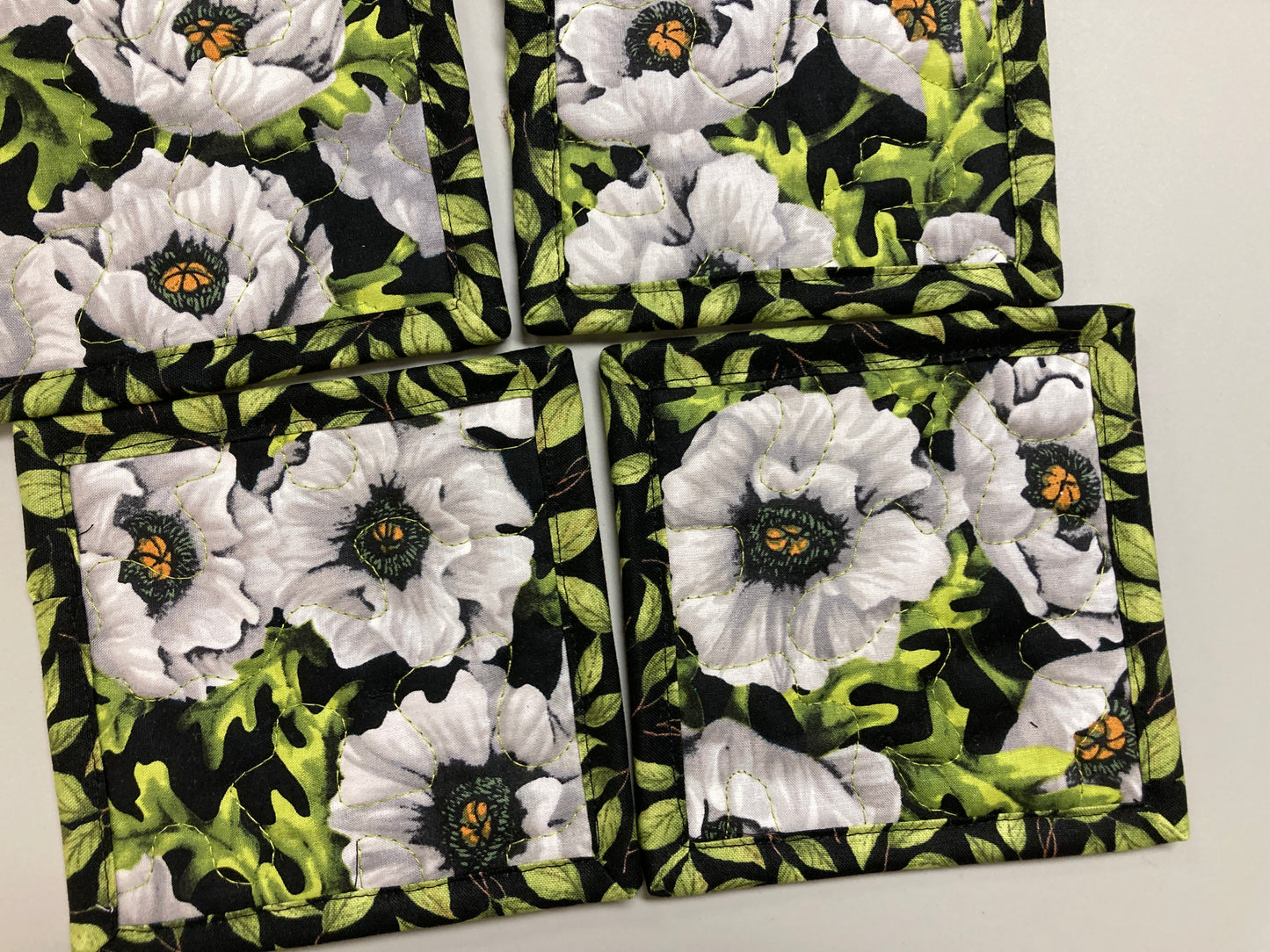 White Poppies Green Leaves Fabric Coasters for Drinks, 5 x 5" Quilted Cold Hot Drinks Coffee Tea, Stocking Teacher Bunco Home Gift Handmade