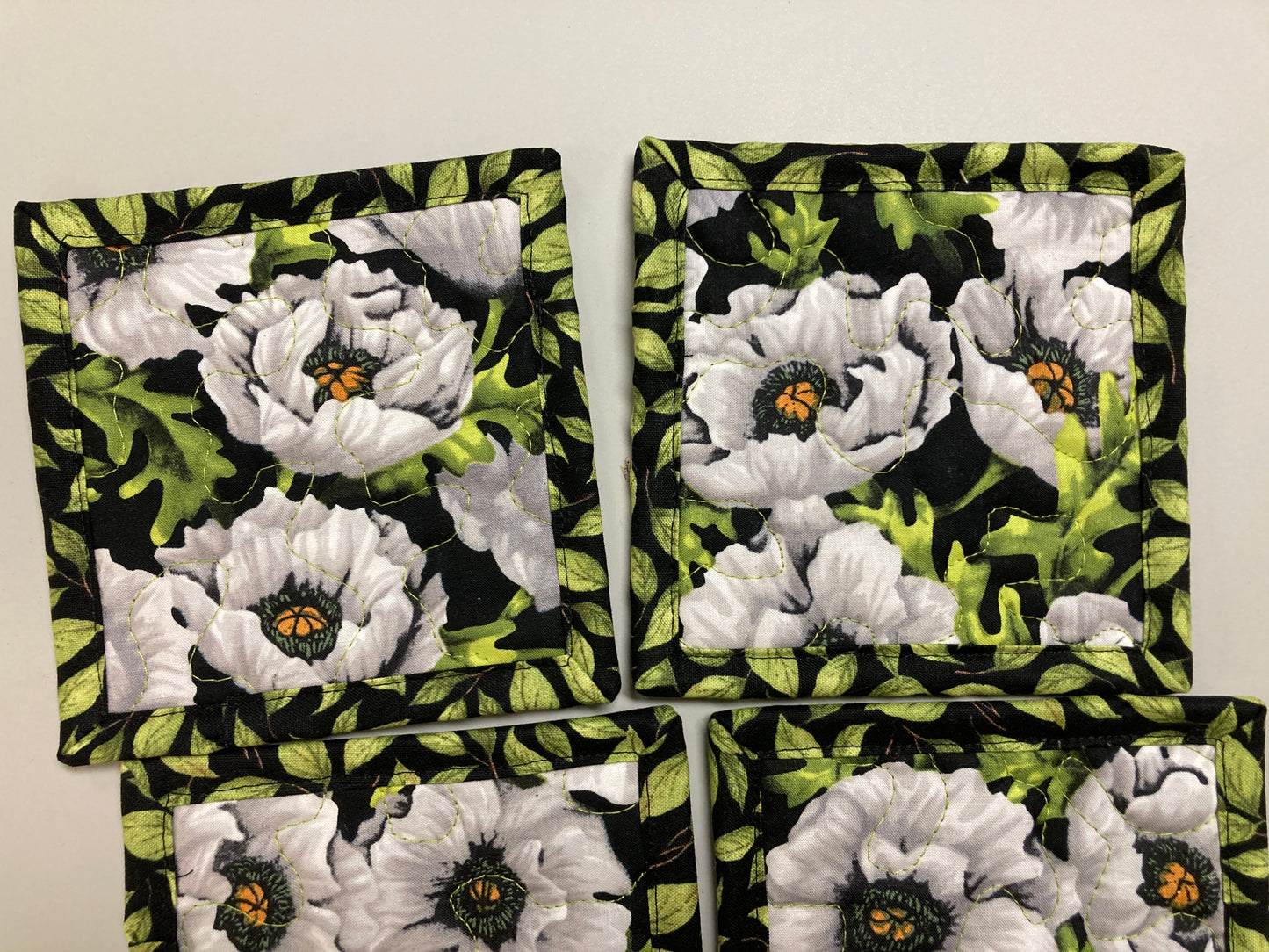 White Poppies Green Leaves Fabric Coasters for Drinks, 5 x 5" Quilted Cold Hot Drinks Coffee Tea, Stocking Teacher Bunco Home Gift Handmade