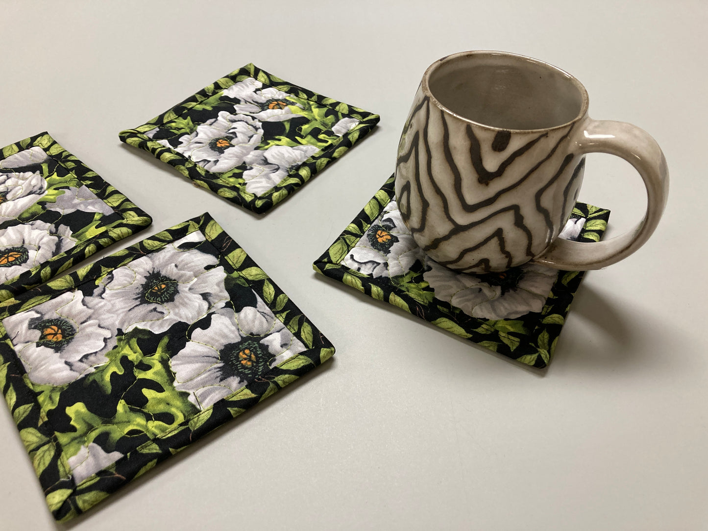 White Poppies Green Leaves Fabric Coasters for Drinks, 5 x 5" Quilted Cold Hot Drinks Coffee Tea, Stocking Teacher Bunco Home Gift Handmade
