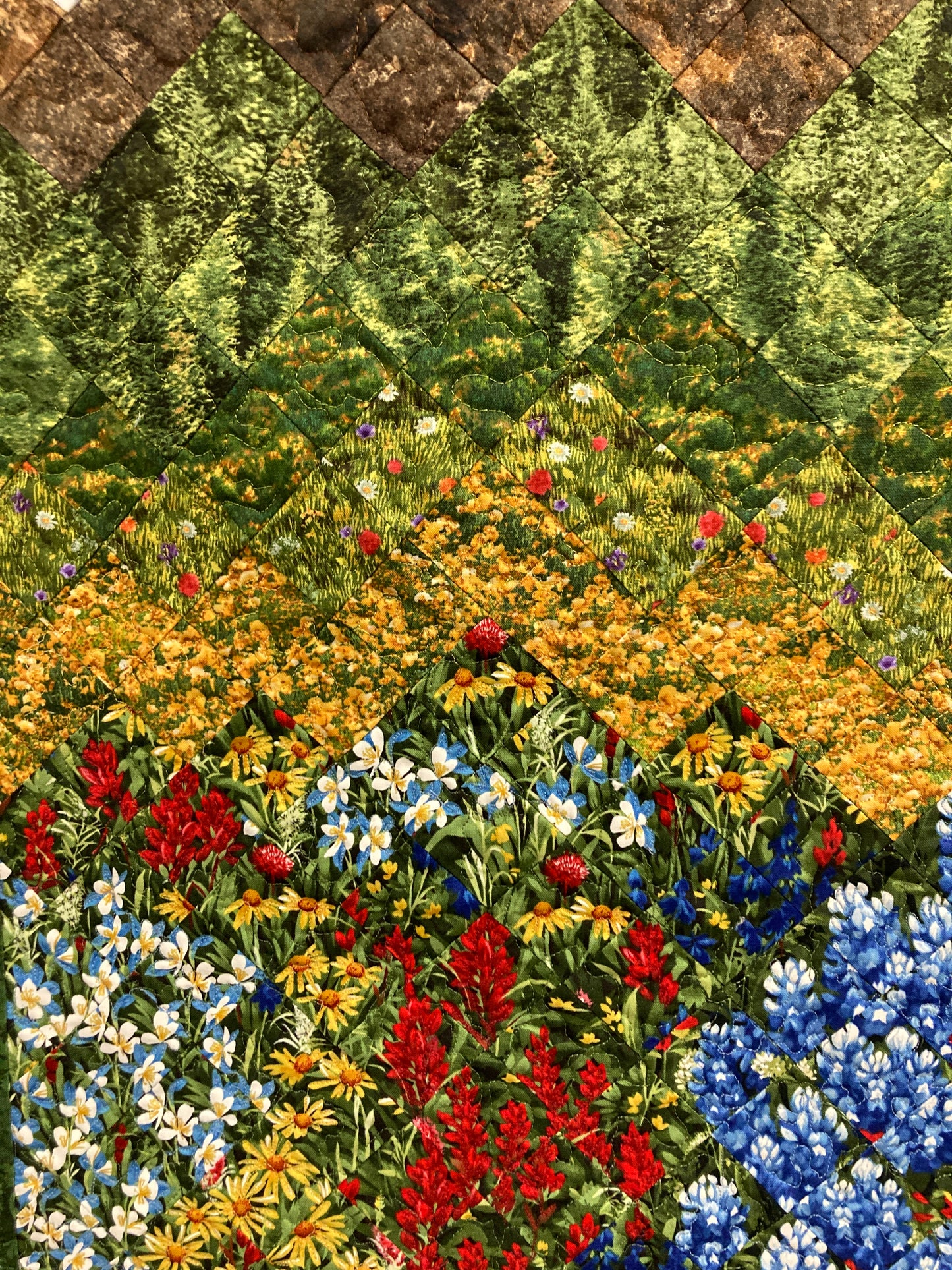 Wildflower Mountain Quilt Art Fabric Wall Hanging, Landscape Textile Art 22x34” Vertical Tapestry, Summer Blue Red Yellow Flowers Artwork