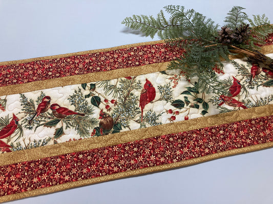 Red Cardinals Quilted Dining Table Runner, 13x48" Reversible, Winter Bright Red Gold, Coffee End Table, Birds Branches Handmade Christmas