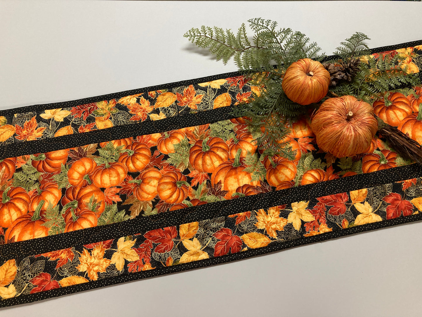 Pumpkins Dining Table Runner, Fall Autumn Leaves Quilted Handmade, Orange Green Gold Fall Table Decor, 13x48" Thanksgiving Holiday Winter