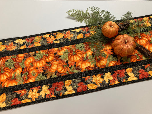 Pumpkins Dining Table Runner, Fall Autumn Leaves Quilted Handmade, Orange Green Gold Fall Table Decor, 13x48" Thanksgiving Holiday Winter