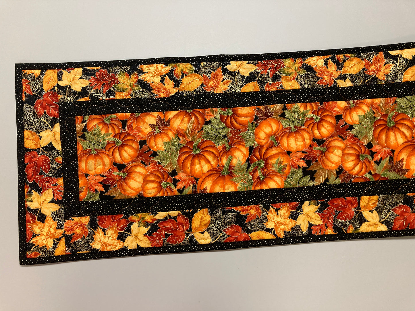 Pumpkins Dining Table Runner, Fall Autumn Leaves Quilted Handmade, Orange Green Gold Fall Table Decor, 13x48" Thanksgiving Holiday Winter