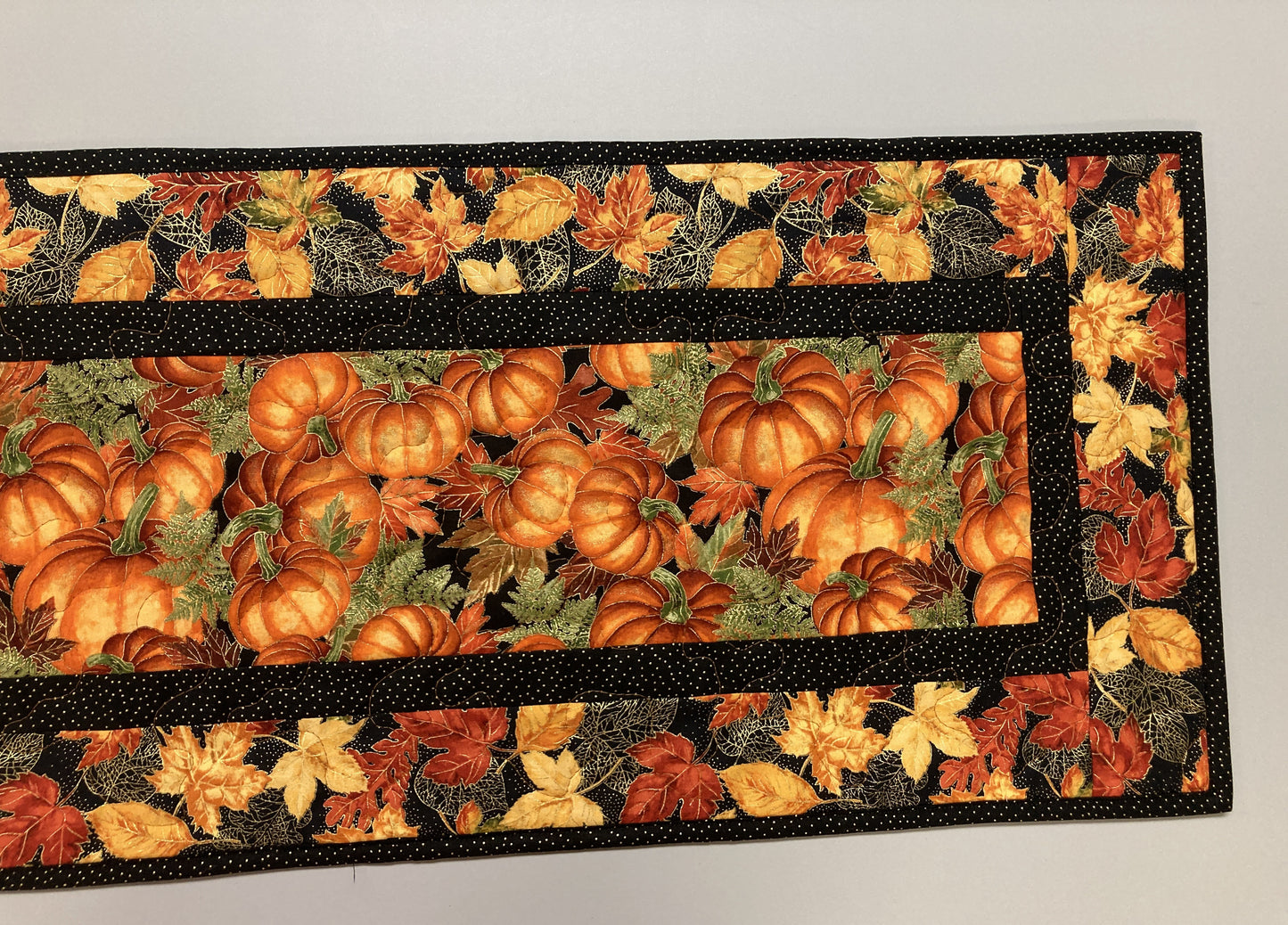 Pumpkins Dining Table Runner, Fall Autumn Leaves Quilted Handmade, Orange Green Gold Fall Table Decor, 13x48" Thanksgiving Holiday Winter