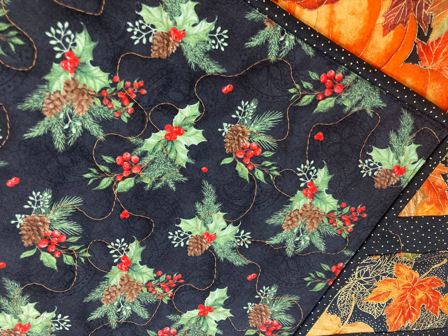 Pumpkins Dining Table Runner, Fall Autumn Leaves Quilted Handmade, Orange Green Gold Fall Table Decor, 13x48" Thanksgiving Holiday Winter