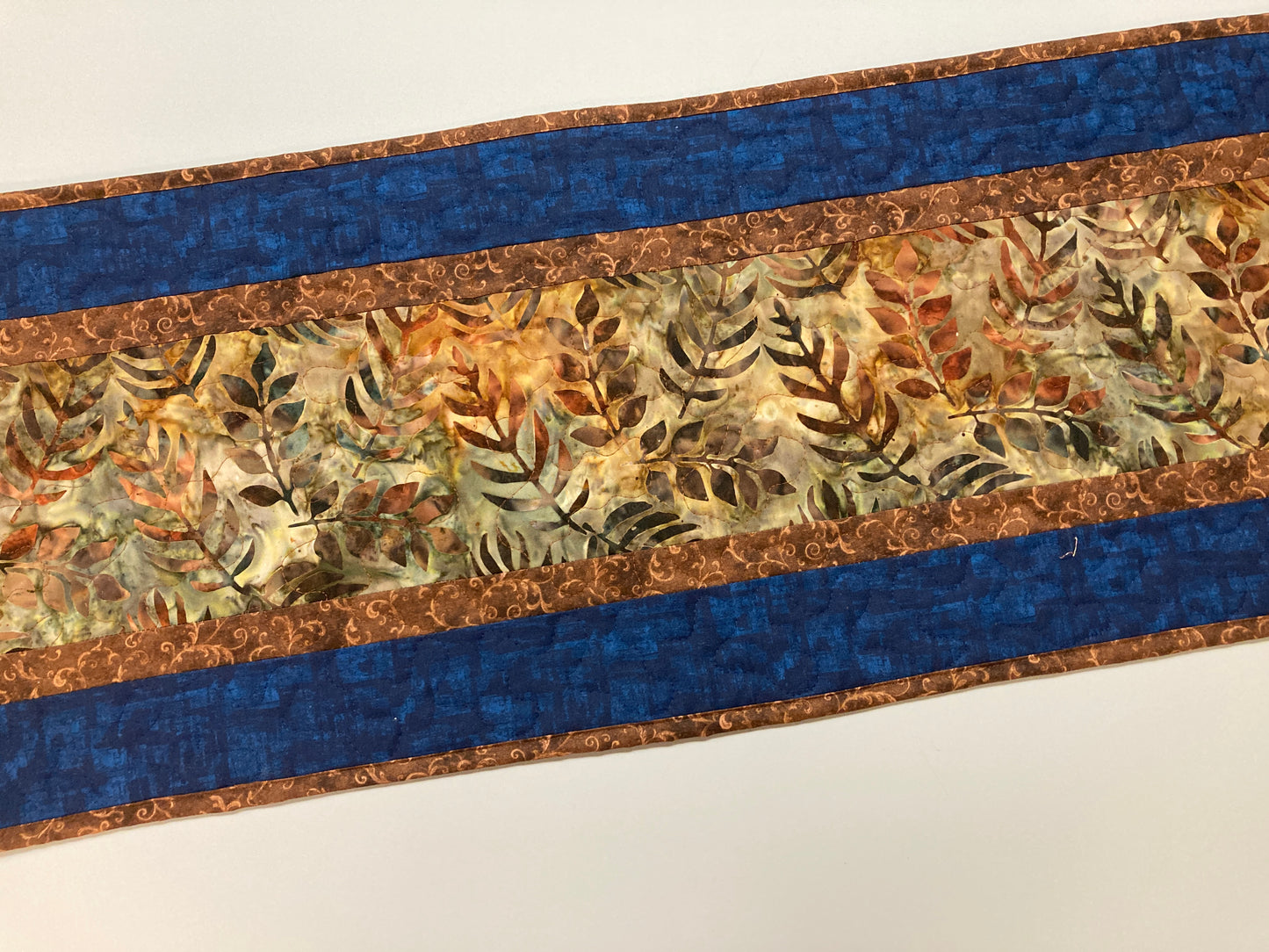 Batik Fall Leaves Quilted Table Runner, Autumn Golden Brown Rust Blue, Dining Coffee End Table Runner, 13x48" Reversible Summer Handmade