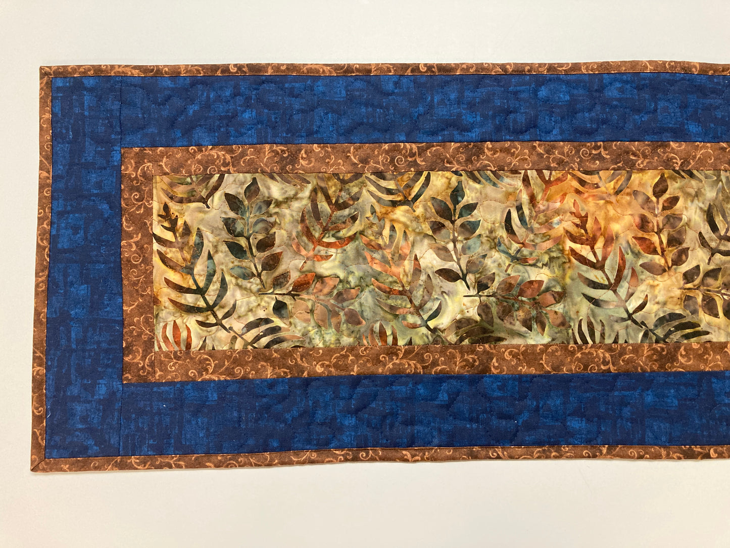 Batik Fall Leaves Quilted Table Runner, Autumn Golden Brown Rust Blue, Dining Coffee End Table Runner, 13x48" Reversible Summer Handmade