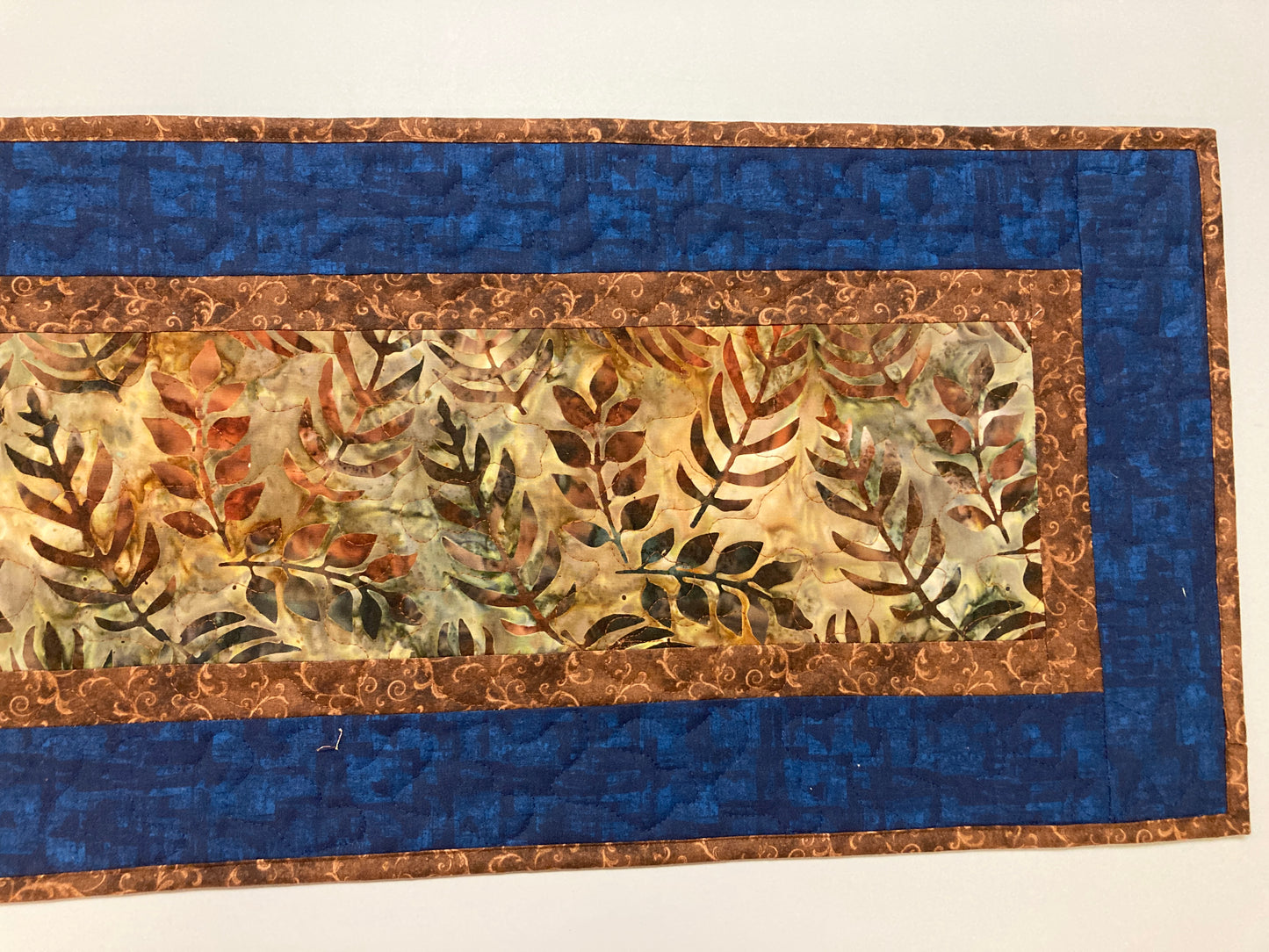 Batik Fall Leaves Quilted Table Runner, Autumn Golden Brown Rust Blue, Dining Coffee End Table Runner, 13x48" Reversible Summer Handmade