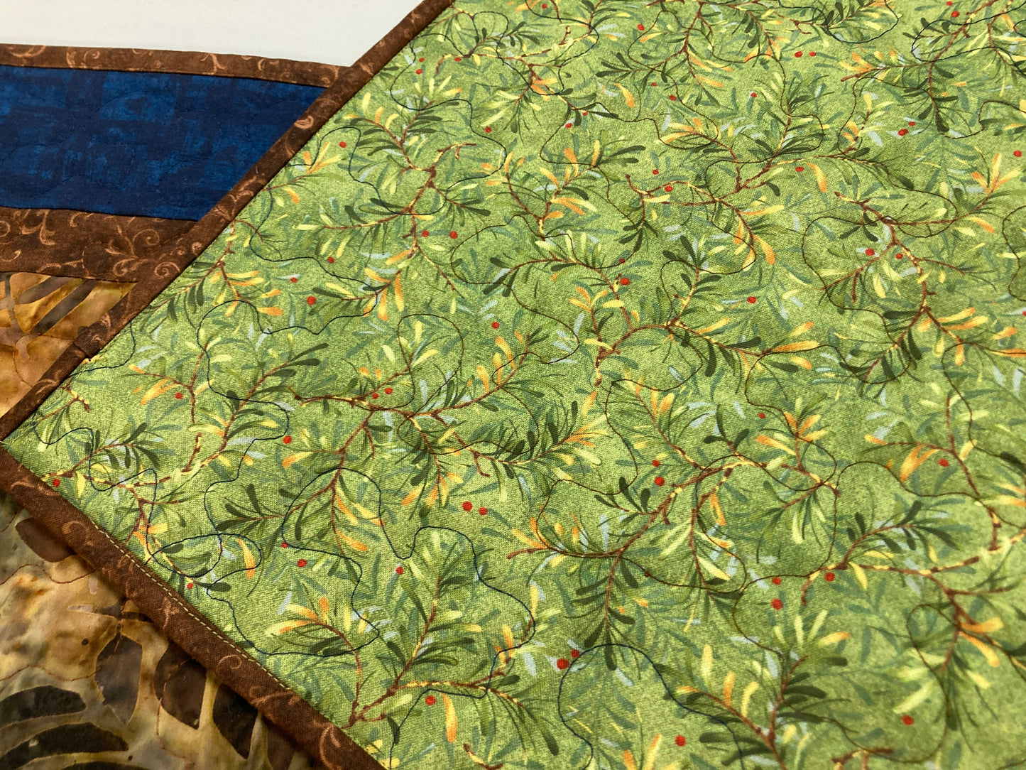 Batik Fall Leaves Quilted Table Runner, Autumn Golden Brown Rust Blue, Dining Coffee End Table Runner, 13x48" Reversible Summer Handmade