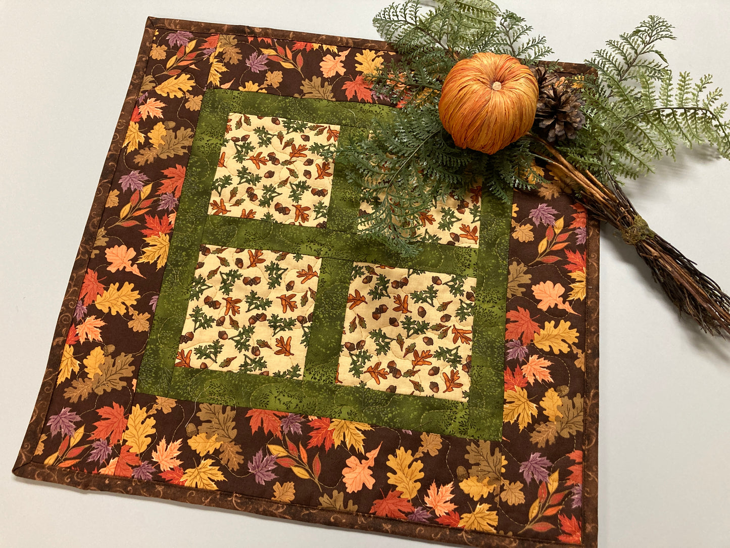 Fall Autumn Table Square, 16x16" Reversible Quilted, Autumn Rust Gold Red Coffee End Table, Earth Tones Thanksgiving Handmade Leaves Woods