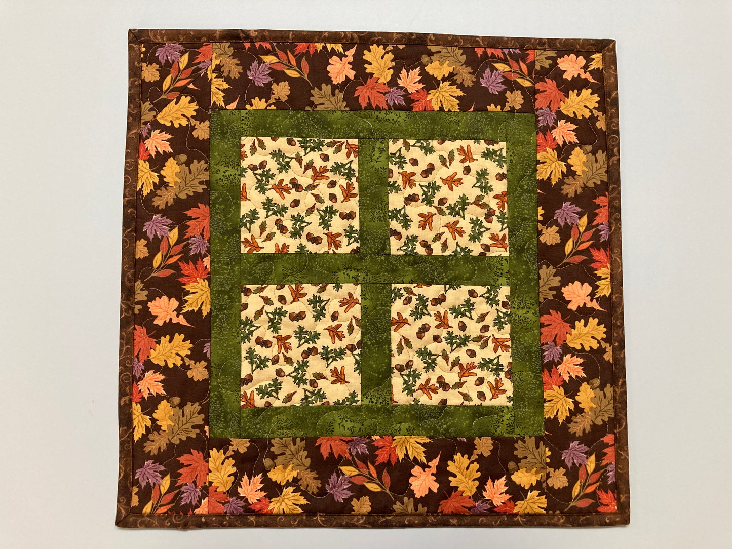 Fall Autumn Table Square, 16x16" Reversible Quilted, Autumn Rust Gold Red Coffee End Table, Earth Tones Thanksgiving Handmade Leaves Woods