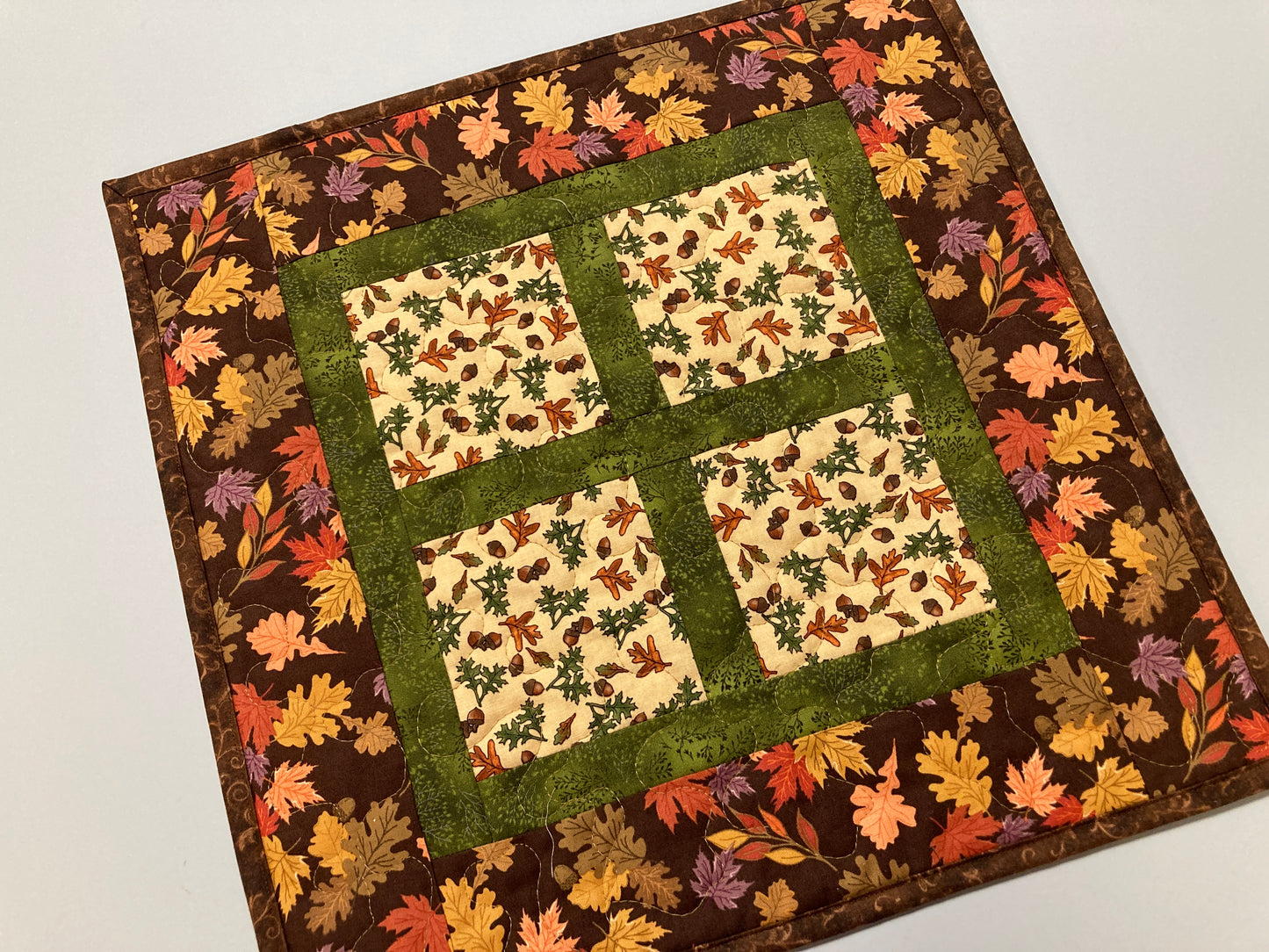 Fall Autumn Table Square, 16x16" Reversible Quilted, Autumn Rust Gold Red Coffee End Table, Earth Tones Thanksgiving Handmade Leaves Woods
