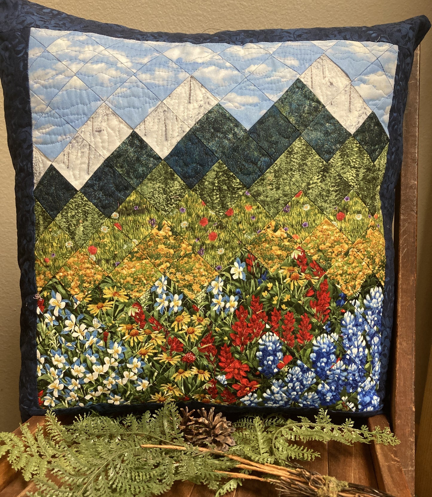 Mountain Decorative Pillow, Wildflowers Trees Mountain Sky Landscape Pillow 20x20", Cotton Lake Tahoe Cabin Lodge Decor, Texas Flowers