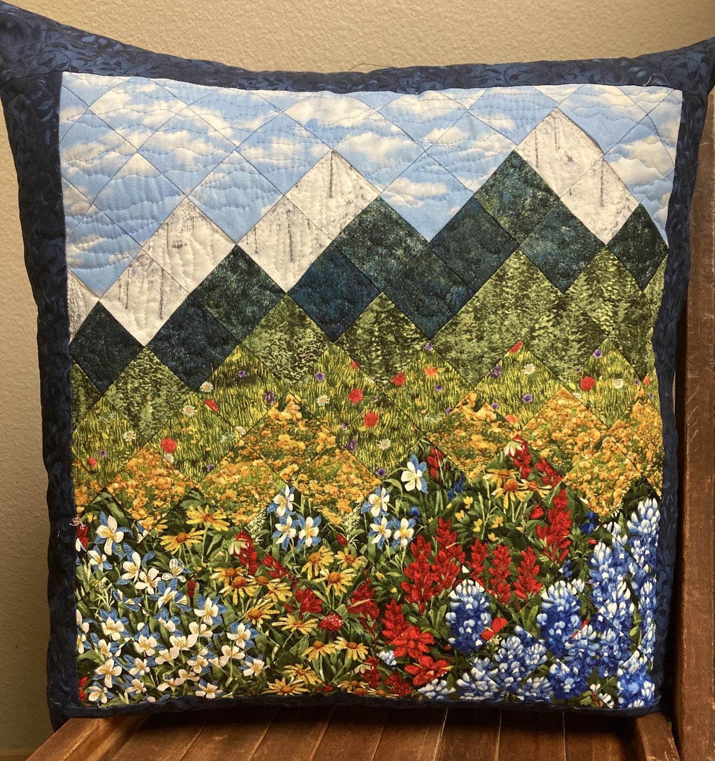 Mountain Decorative Pillow, Wildflowers Trees Mountain Sky Landscape Pillow 20x20", Cotton Lake Tahoe Cabin Lodge Decor, Texas Flowers