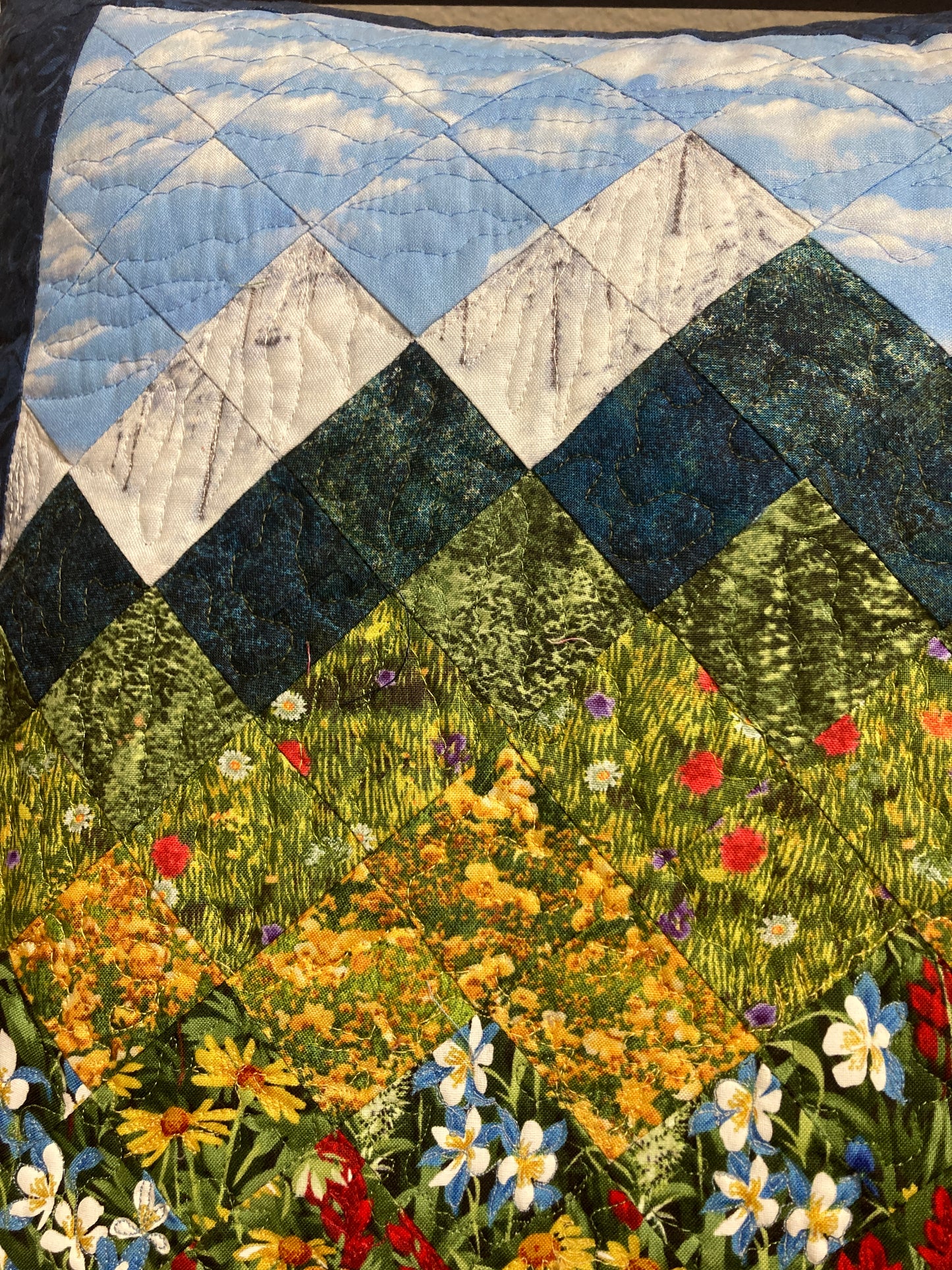 Mountain Decorative Pillow, Wildflowers Trees Mountain Sky Landscape Pillow 20x20", Cotton Lake Tahoe Cabin Lodge Decor, Texas Flowers