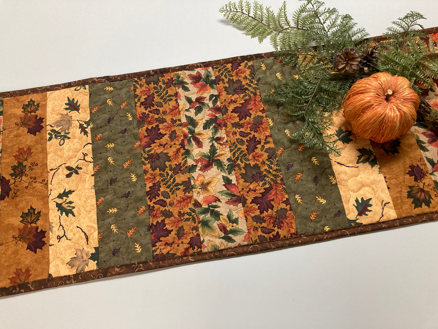 Autumn Splendor Dining Table Runner, 13x36" Fall Leaves Quilted Coffee End Table, Earth Tones Thanksgiving, Handmade Rustic Woods