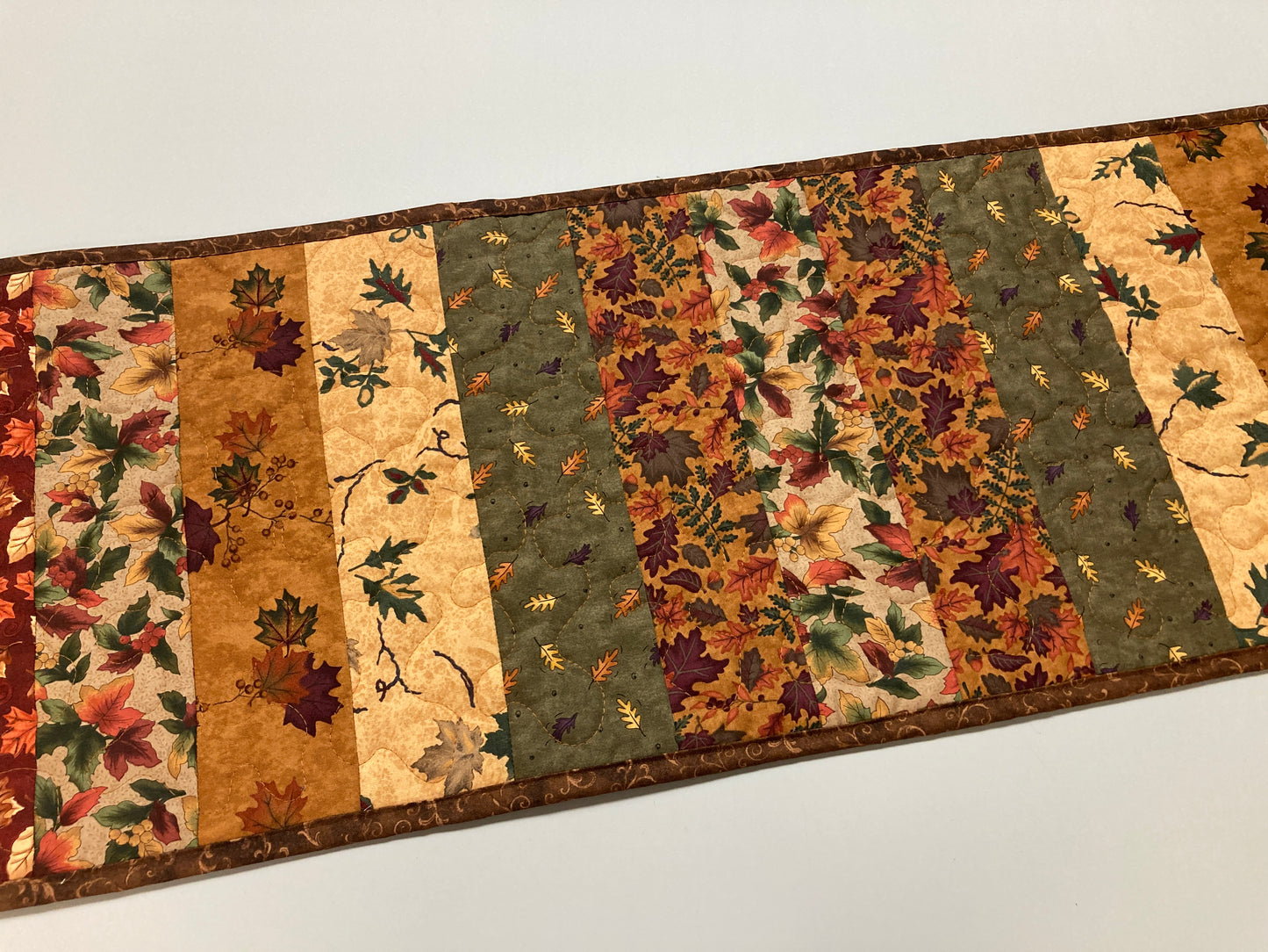 Autumn Splendor Dining Table Runner, 13x36" Fall Leaves Quilted Coffee End Table, Earth Tones Thanksgiving, Handmade Rustic Woods