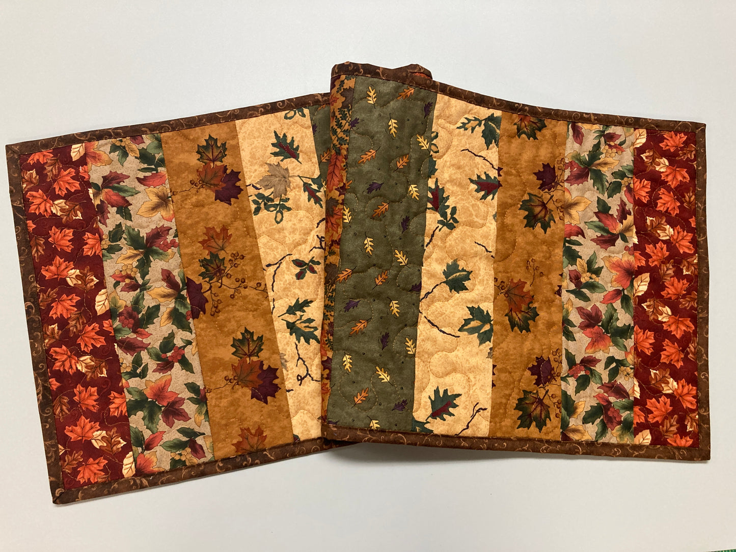 Autumn Splendor Dining Table Runner, 13x36" Fall Leaves Quilted Coffee End Table, Earth Tones Thanksgiving, Handmade Rustic Woods