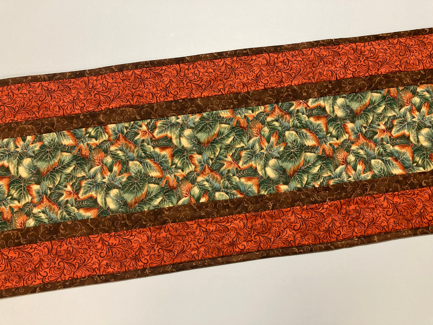 Fall Leaves Dining Table Runner, Green Orange Leaves, 13x48" Reversible Summer, Autumn Coffee End Table, Earth Tones Thanksgiving Quilted