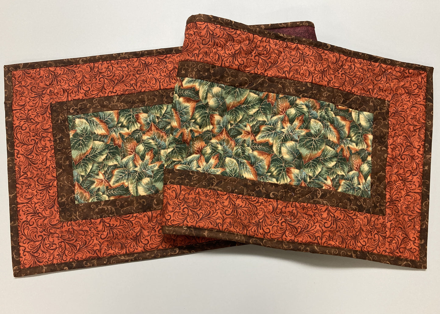 Fall Leaves Dining Table Runner, Green Orange Leaves, 13x48" Reversible Summer, Autumn Coffee End Table, Earth Tones Thanksgiving Quilted