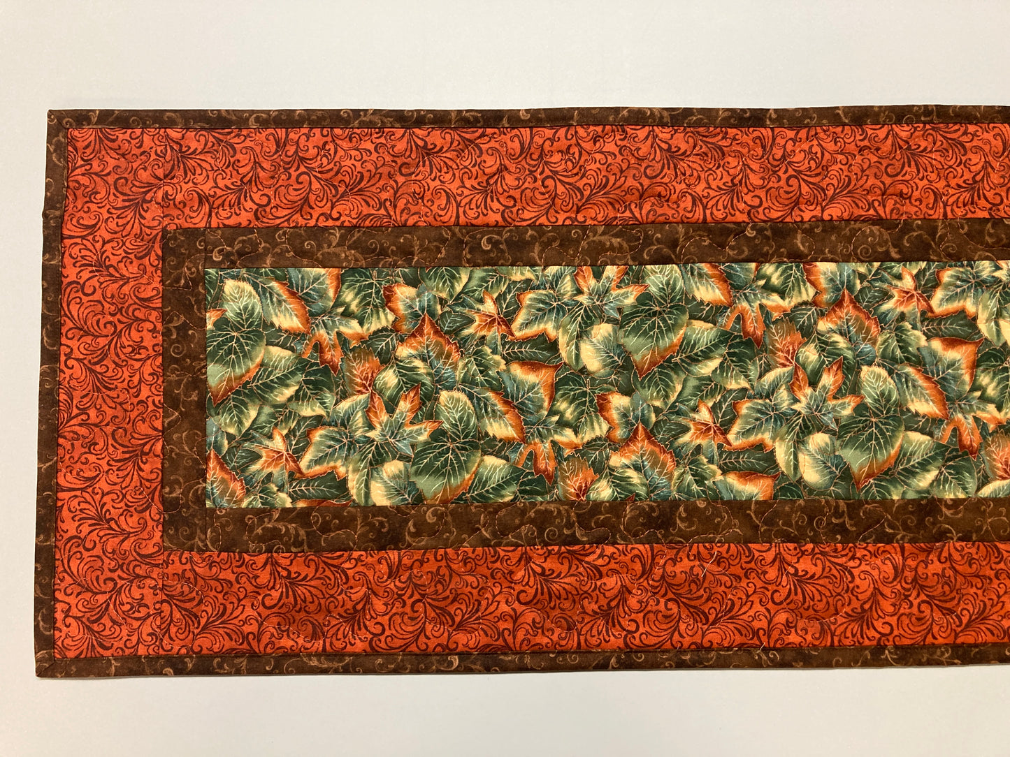 Fall Leaves Dining Table Runner, Green Orange Leaves, 13x48" Reversible Summer, Autumn Coffee End Table, Earth Tones Thanksgiving Quilted