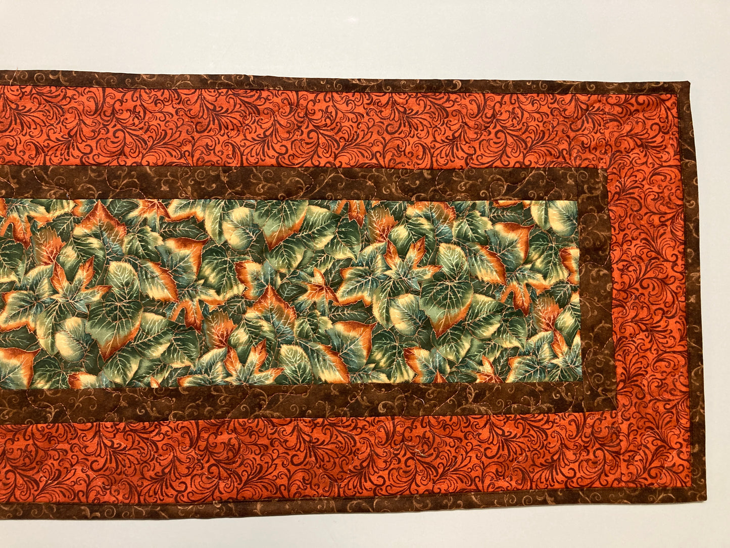 Fall Leaves Dining Table Runner, Green Orange Leaves, 13x48" Reversible Summer, Autumn Coffee End Table, Earth Tones Thanksgiving Quilted