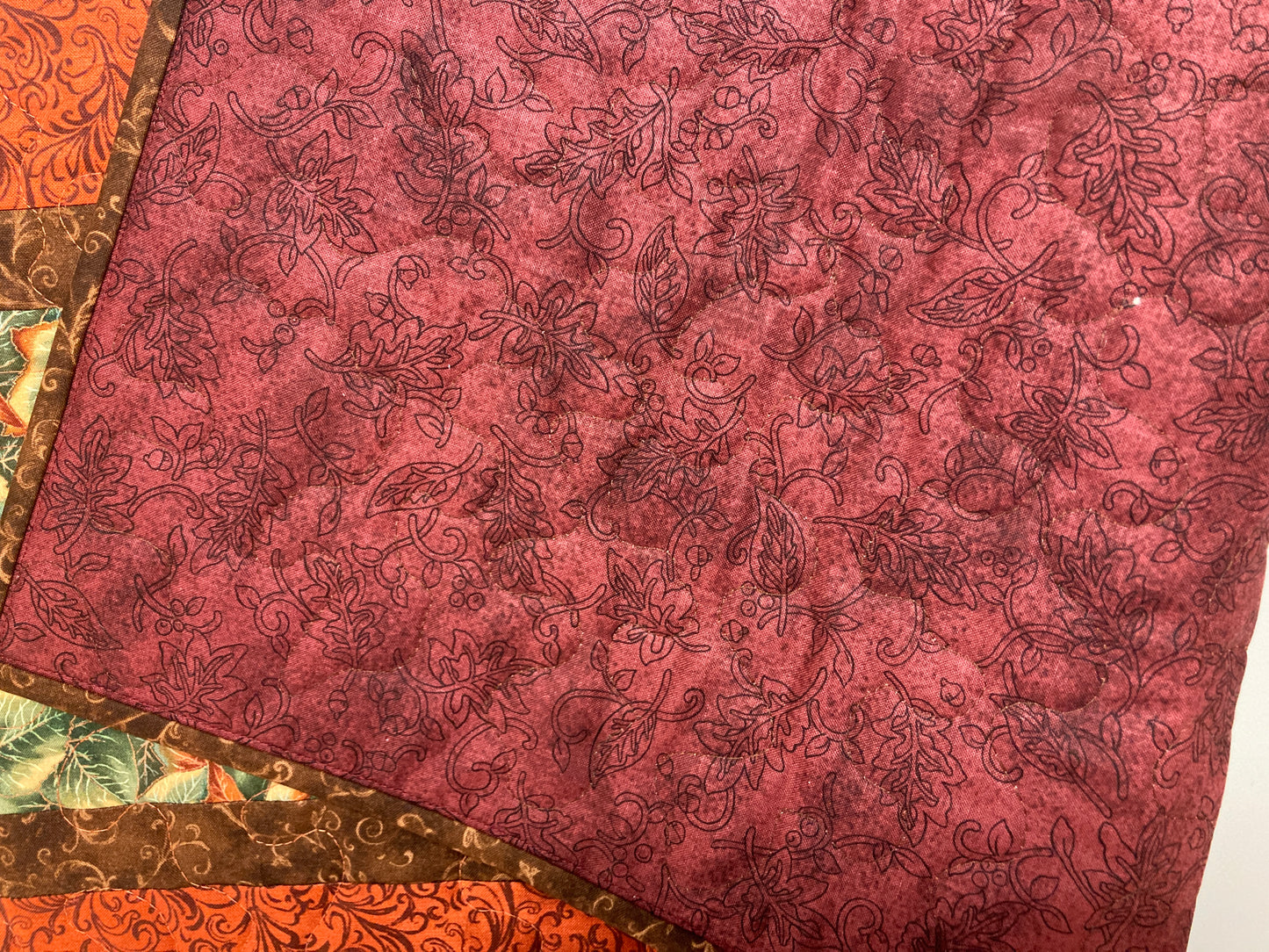 Fall Leaves Dining Table Runner, Green Orange Leaves, 13x48" Reversible Summer, Autumn Coffee End Table, Earth Tones Thanksgiving Quilted