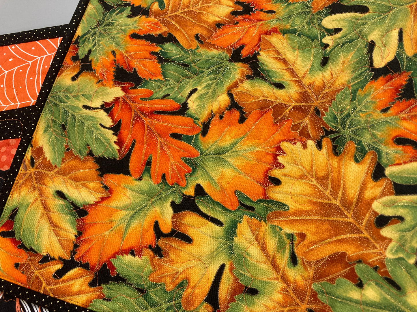 Halloween Pumpkin Quilted Table Runner, Reversible Fall Leaves 13x48" Coffee Dining, Scary Pumpkins Black Gray White Spooky Spiderwebs Decor
