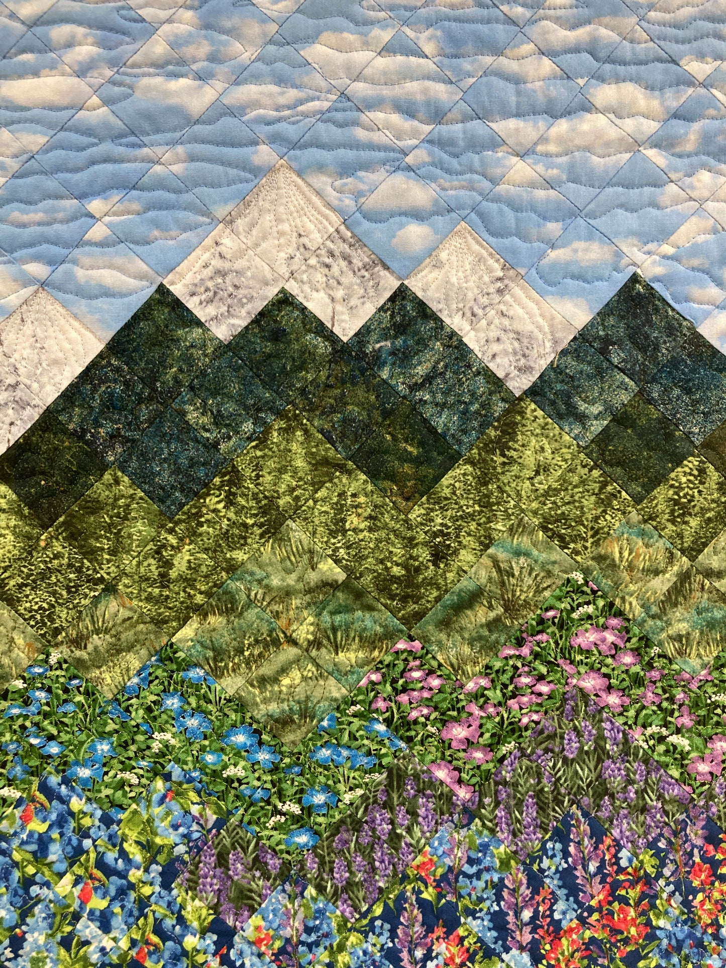 Summer Blue Purple Meadow Wildflower Mountain Art Quilt Fabric Wall Hanging, Landscape Vertical Quilted 21x30” Tapestry, Pine Trees Alpine