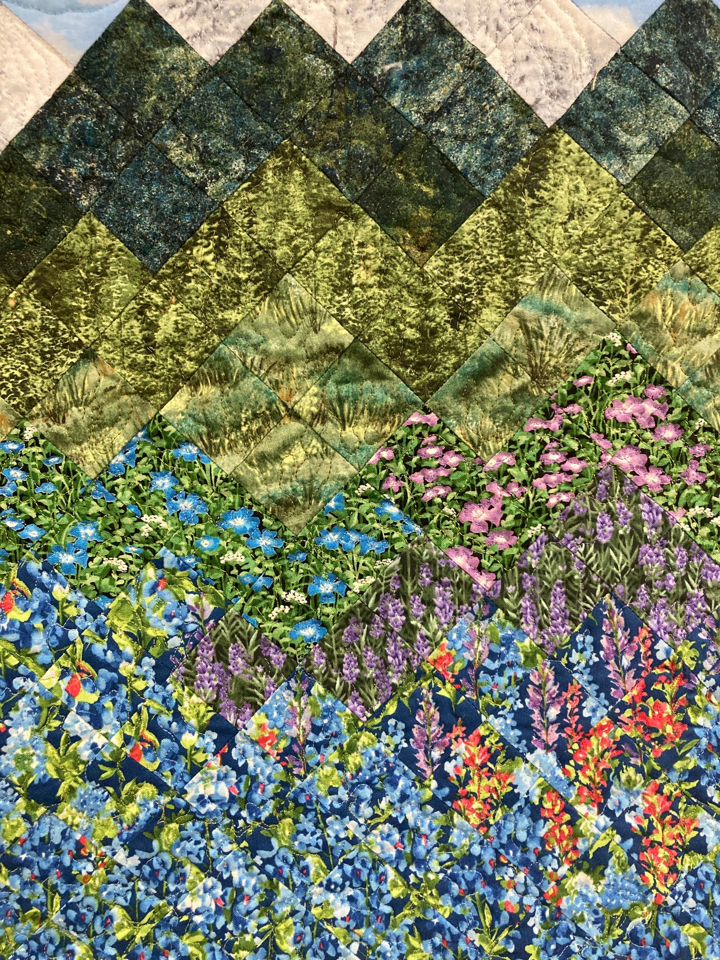 Summer Blue Purple Meadow Wildflower Mountain Art Quilt Fabric Wall Hanging, Landscape Vertical Quilted 21x30” Tapestry, Pine Trees Alpine