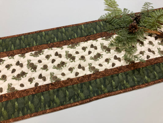 Pine Trees Pine Cones Quilted Dining Table Runner, Reversible Fall Leaves, Coffee Table Runner, Dresser Scarf, End Table 13x48" Handmade