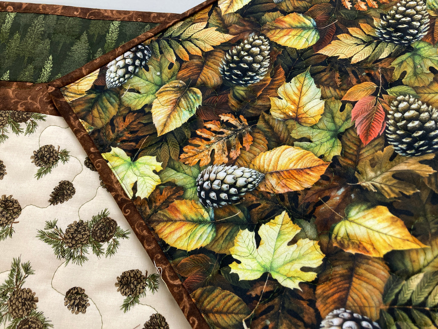 Pine Trees Pine Cones Quilted Dining Table Runner, Reversible Fall Leaves, Coffee Table Runner, Dresser Scarf, End Table 13x48" Handmade