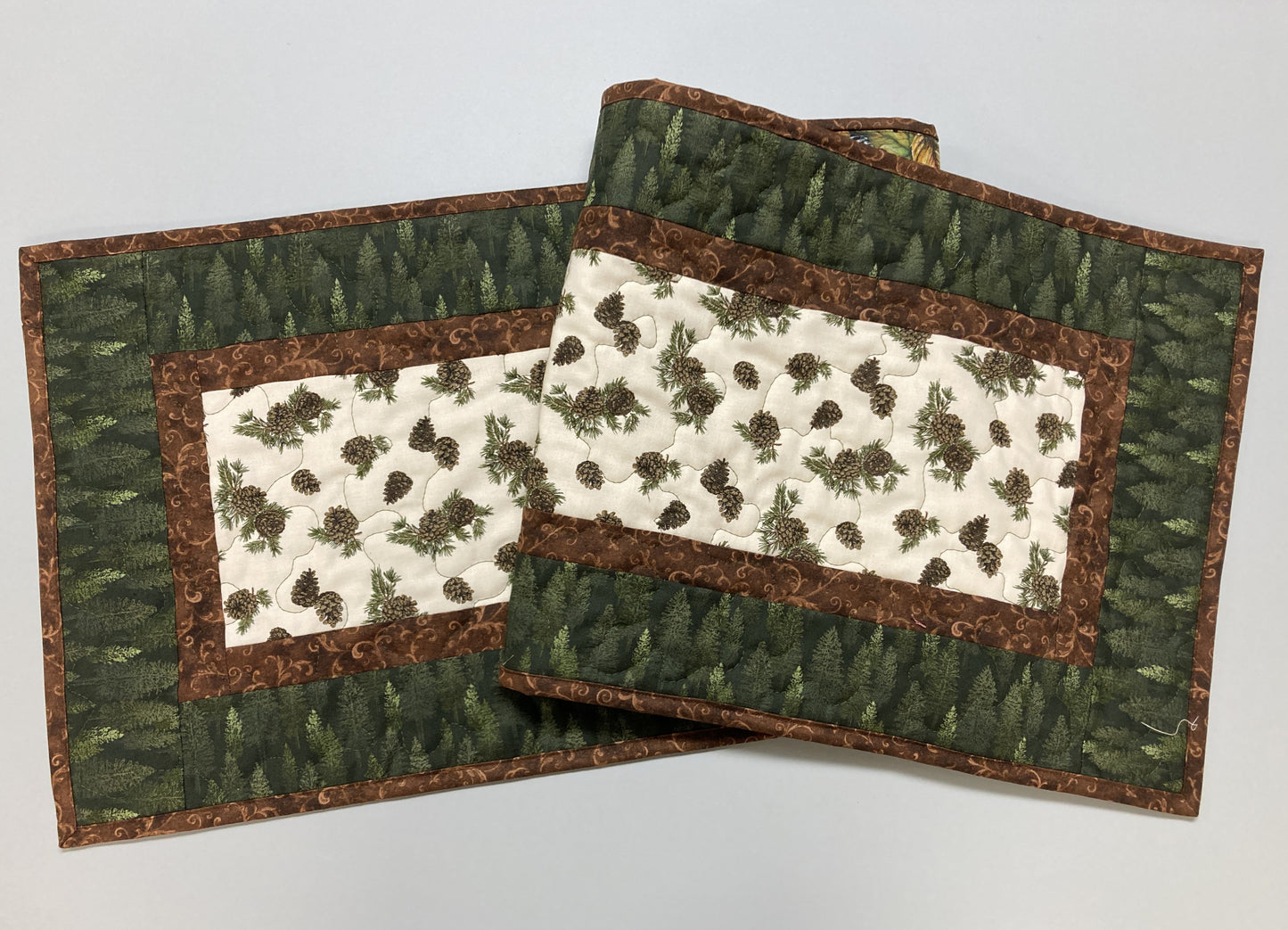 Pine Trees Pine Cones Quilted Dining Table Runner, Reversible Fall Leaves, Coffee Table Runner, Dresser Scarf, End Table 13x48" Handmade