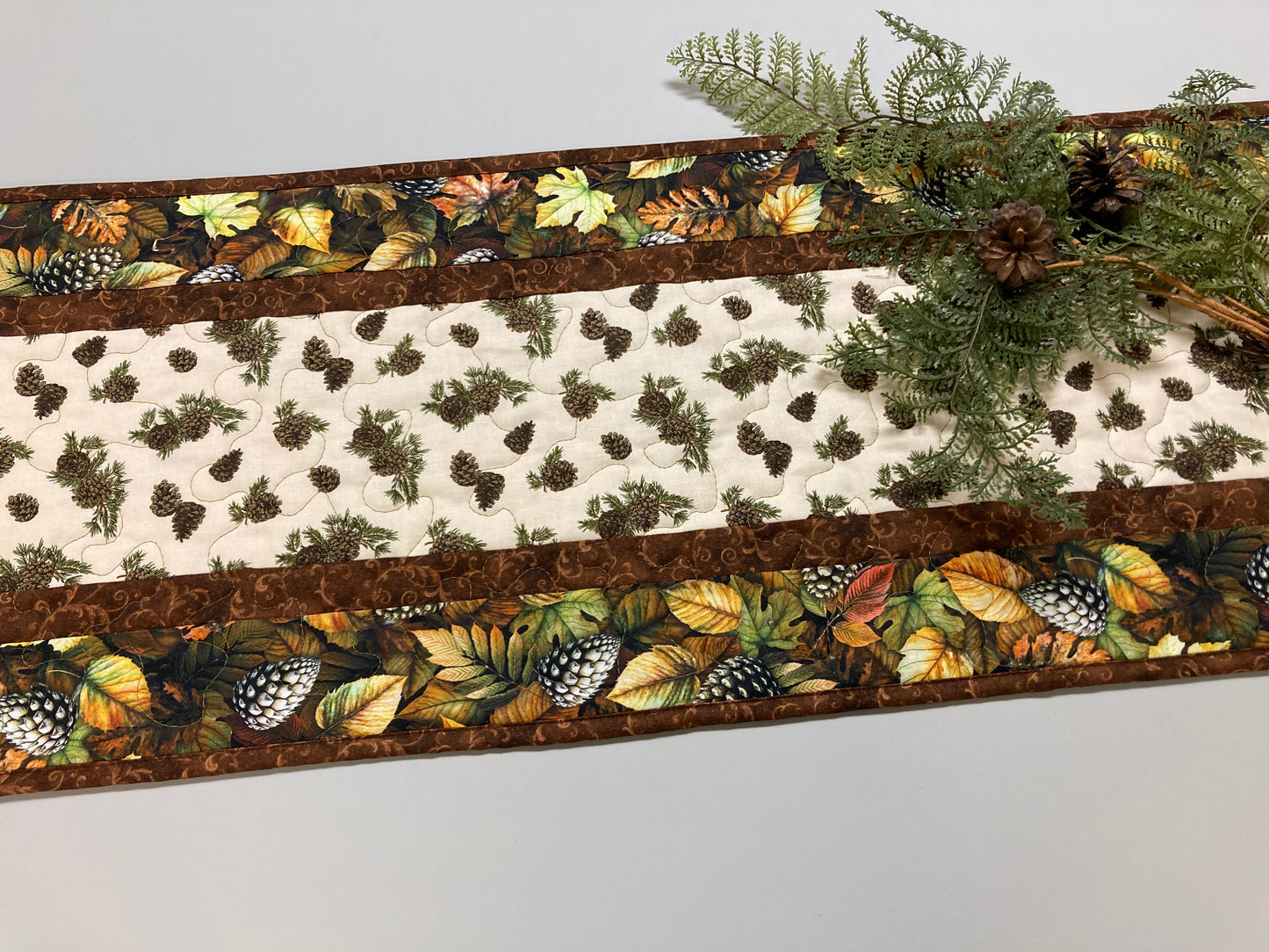 13x48"Pine Cones and Fall Leaves Quilted Dining Table Runner 13x48", Reversible Christmas, Coffee Table Runner, Dresser Scarf, End Table Handmade