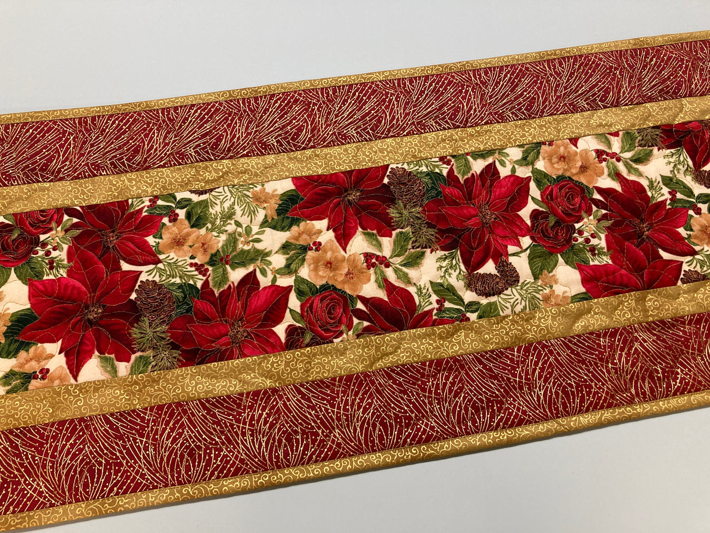 Christmas Holly Poinsettia Quilted Table Runner, Flowers Pine Cones, Winter Holiday Dining Coffee Table 13x48" Reversible Fall Leaves Autumn