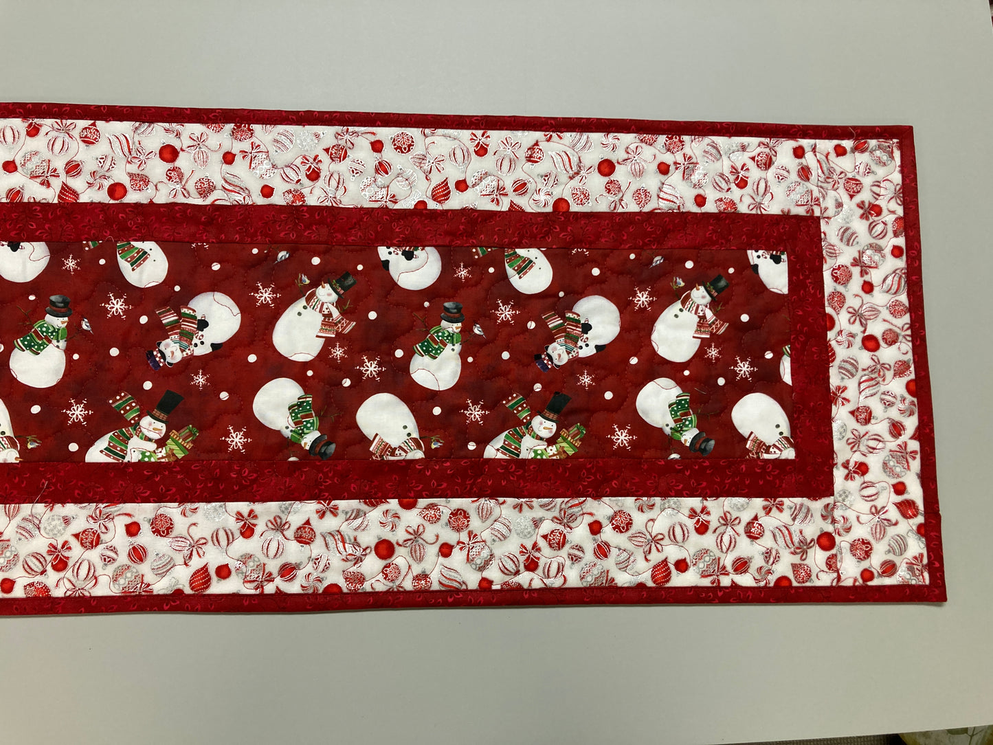Jolly Snowman Ornaments Quilted Christmas Table Runner, 13x48" Dining Coffee Table, Reversible Winter, Red Silver Reversible Handmade