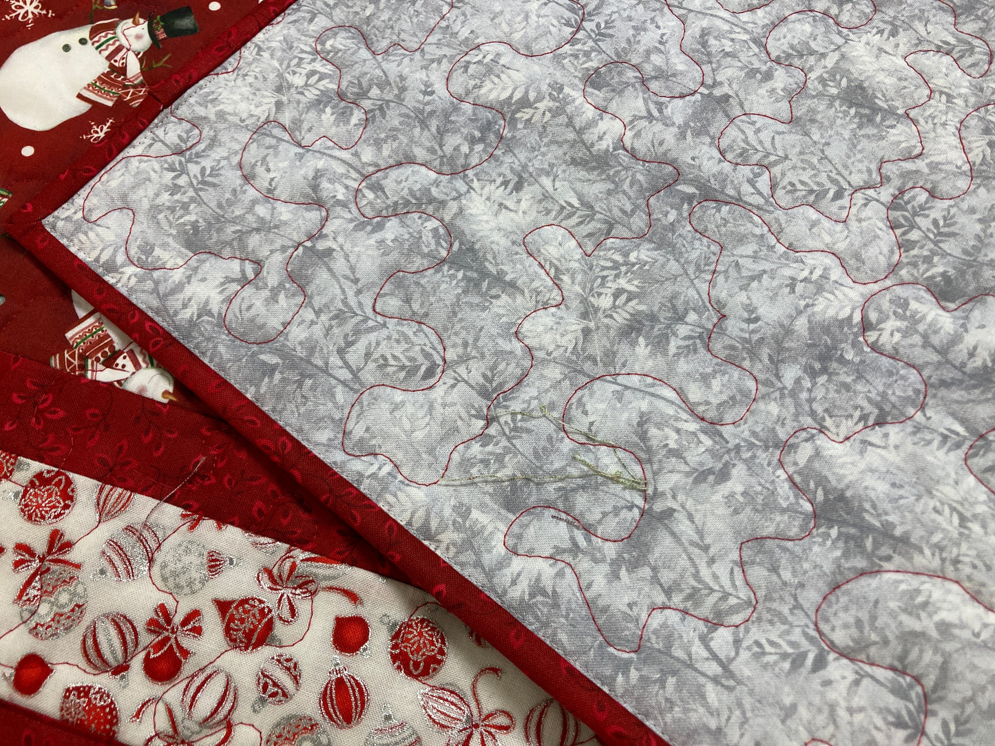 Jolly Snowman Ornaments Quilted Christmas Table Runner, 13x48" Dining Coffee Table, Reversible Winter, Red Silver Reversible Handmade