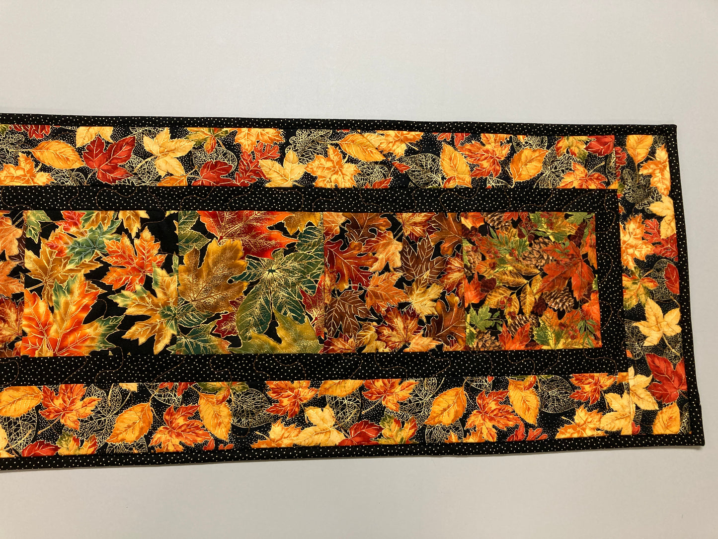 Autumn Leaves Fall Dining Table Runner, 13x56" Reversible Holiday Winter, Thanksgiving Dinner Long Red Green Gold Woods Colorful Handmade