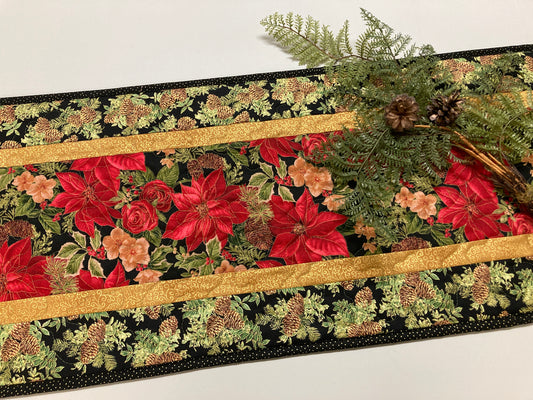 Red Poinsettia Quilted Christmas Table Runner, Flowers Pine Cones, Winter Holiday Dining Coffee Table 13x48" Reversible Fall Leaves Autumn