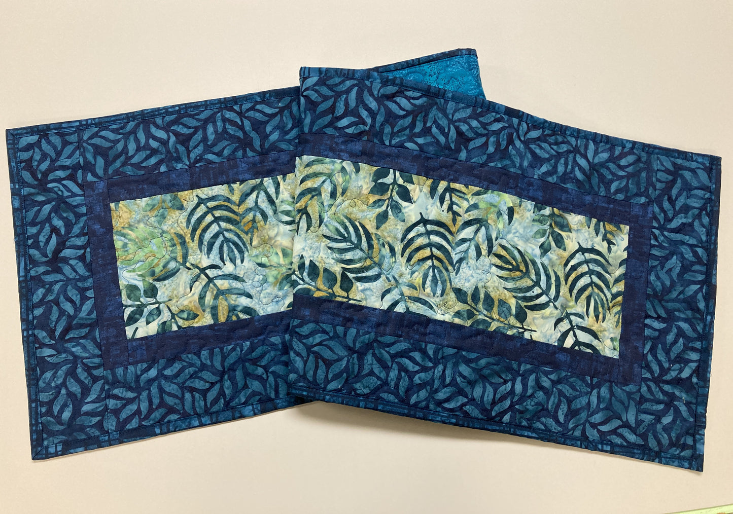 Batik Blue Teal Leaves Quilted Table Runner, Dining Coffee End Table Runner, 13x48" Reversible Handmade Seaside Beach Ocean Summer Spring