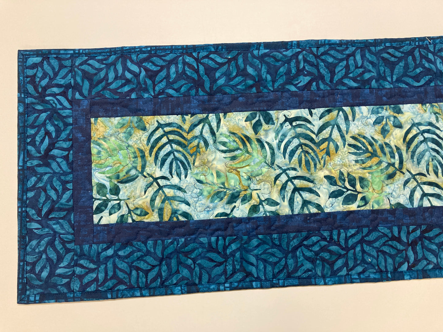 Batik Blue Teal Leaves Quilted Table Runner, Dining Coffee End Table Runner, 13x48" Reversible Handmade Seaside Beach Ocean Summer Spring