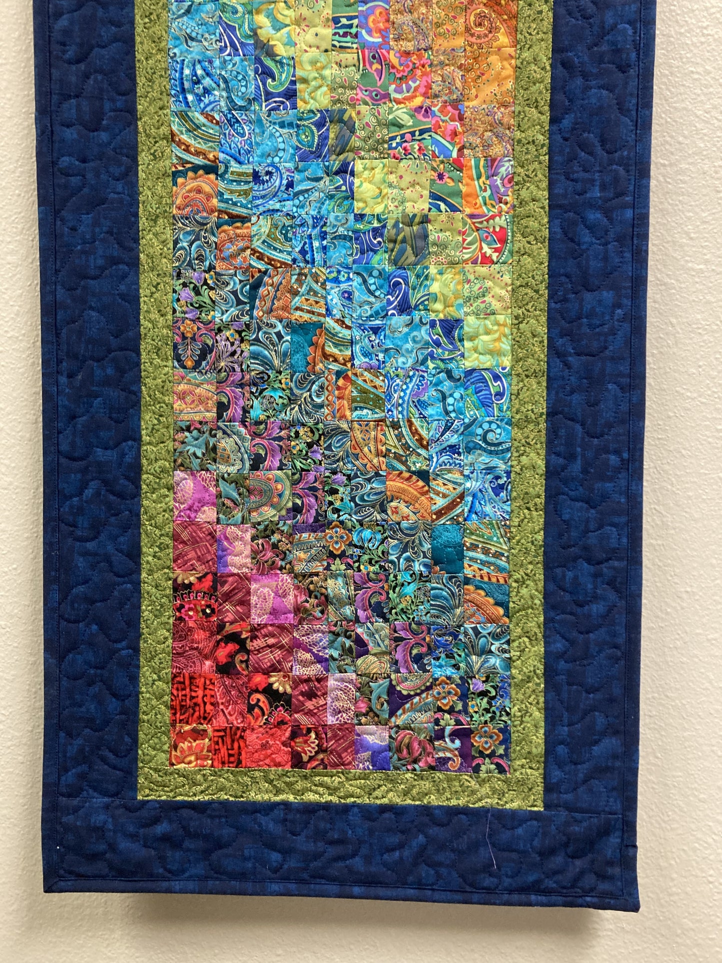 Paisley Passion Art Quilt, Abstract Bright Boho Fabric Wall Hanging Tapestry Textile, Watercolor, 18x46”Long Vertical Hippie Chic Runner