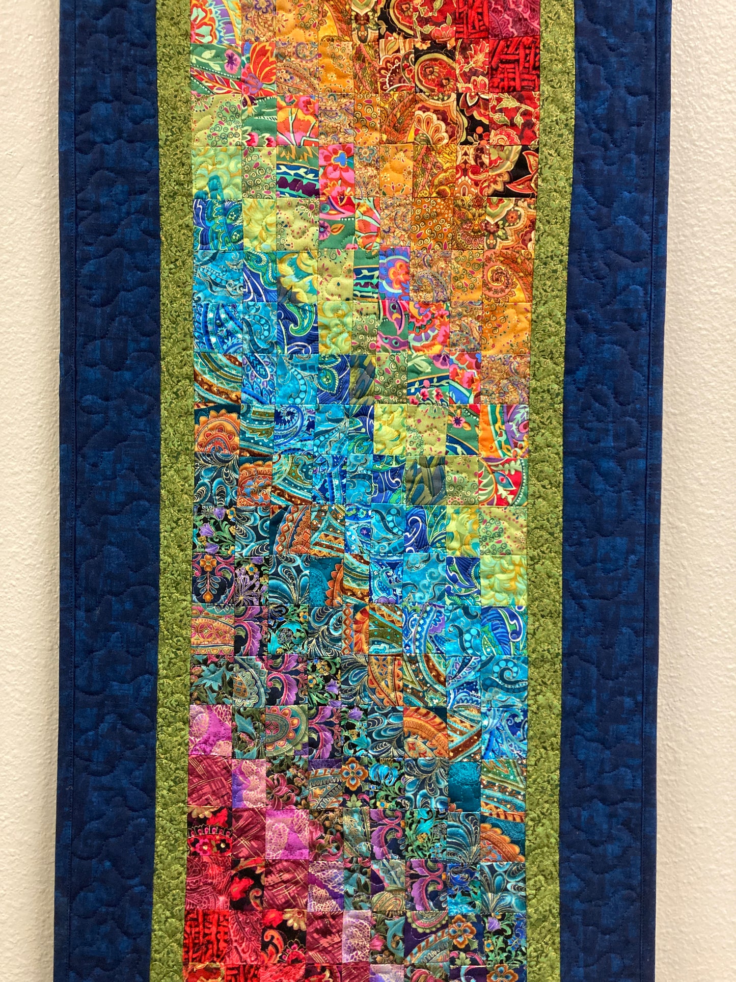 Paisley Passion Art Quilt, Abstract Bright Boho Fabric Wall Hanging Tapestry Textile, Watercolor, 18x46”Long Vertical Hippie Chic Runner