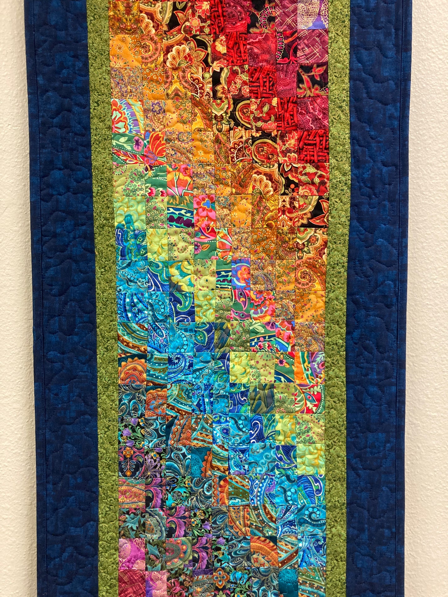 Paisley Passion Art Quilt, Abstract Bright Boho Fabric Wall Hanging Tapestry Textile, Watercolor, 18x46”Long Vertical Hippie Chic Runner