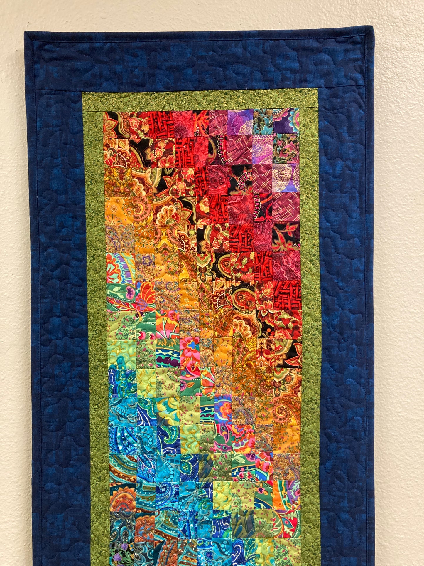 Paisley Passion Art Quilt, Abstract Bright Boho Fabric Wall Hanging Tapestry Textile, Watercolor, 18x46”Long Vertical Hippie Chic Runner