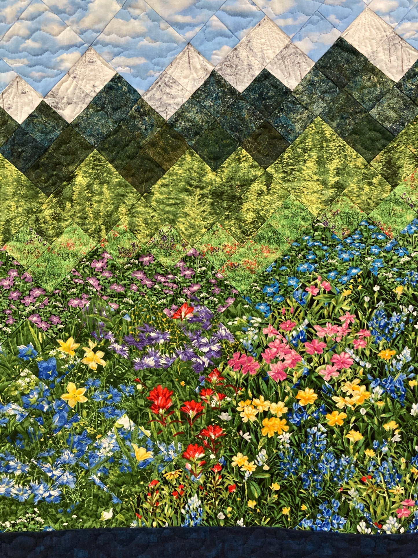 Snowy Peaks Mountain Quilt Art Fabric Wall Hanging, Landscape Textile Art 25x34” Vertical Tapestry Summer Alpine Pink Yellow Flowers Artwork