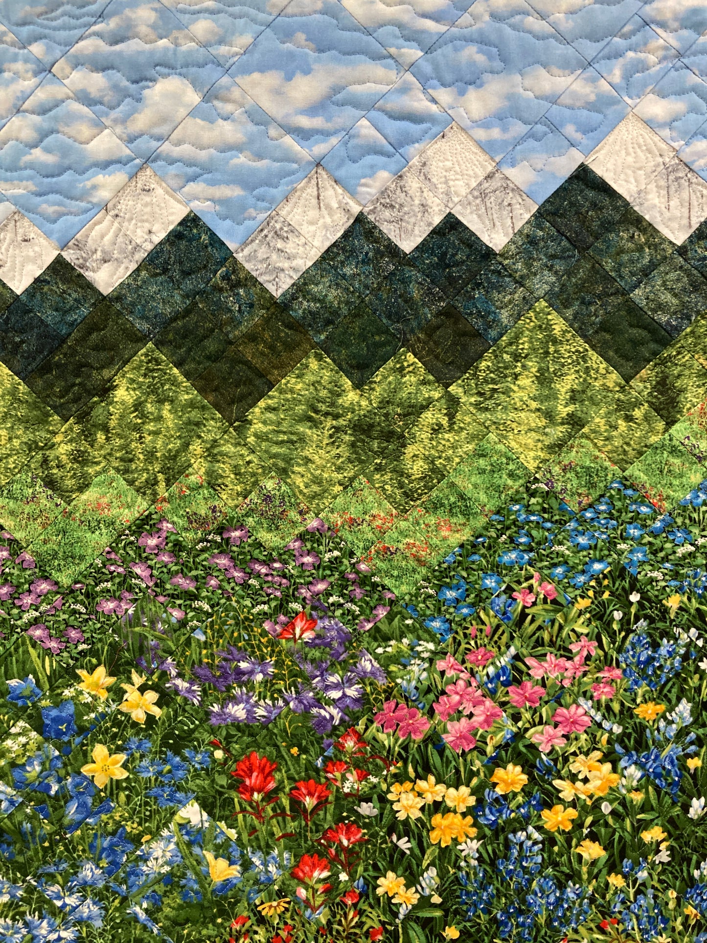 Snowy Peaks Mountain Quilt Art Fabric Wall Hanging, Landscape Textile Art 25x34” Vertical Tapestry Summer Alpine Pink Yellow Flowers Artwork